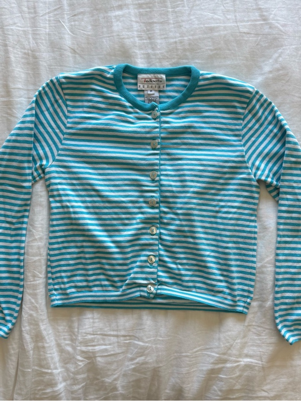 Talbots Petite Aqua and White Striped Button Cardigan
